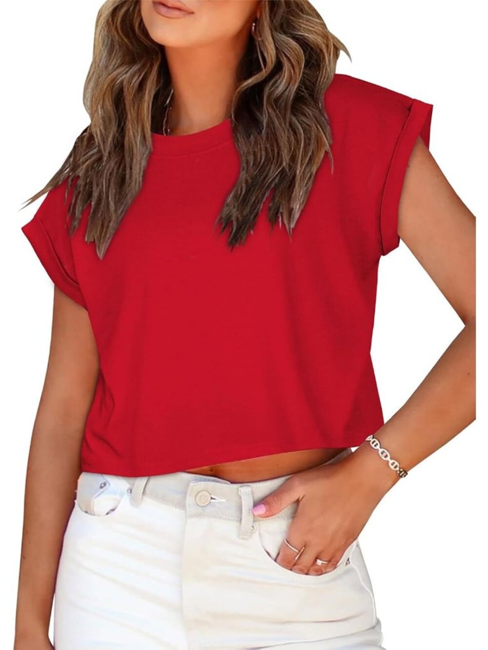 Women's Red Crew Neck Cap Sleeves Crop Summer Casual Pull On Basic Tees Shirts